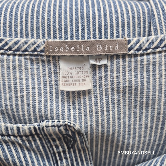 Isabella Bird Women's 4P Blue Railroad Striped Midi Sleeveless Button Down Dress - Picture 11 of 12